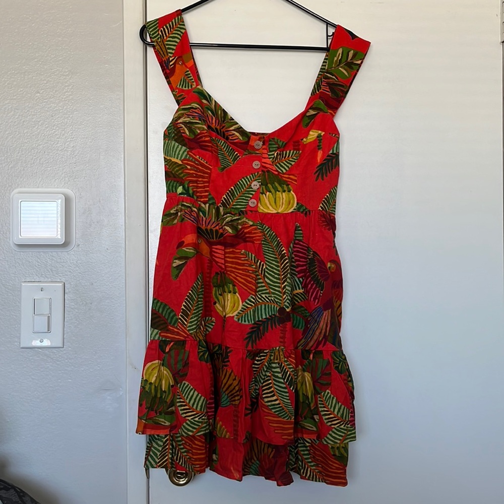 Farm Rio Forrest Bird Linen Tiered Dress
